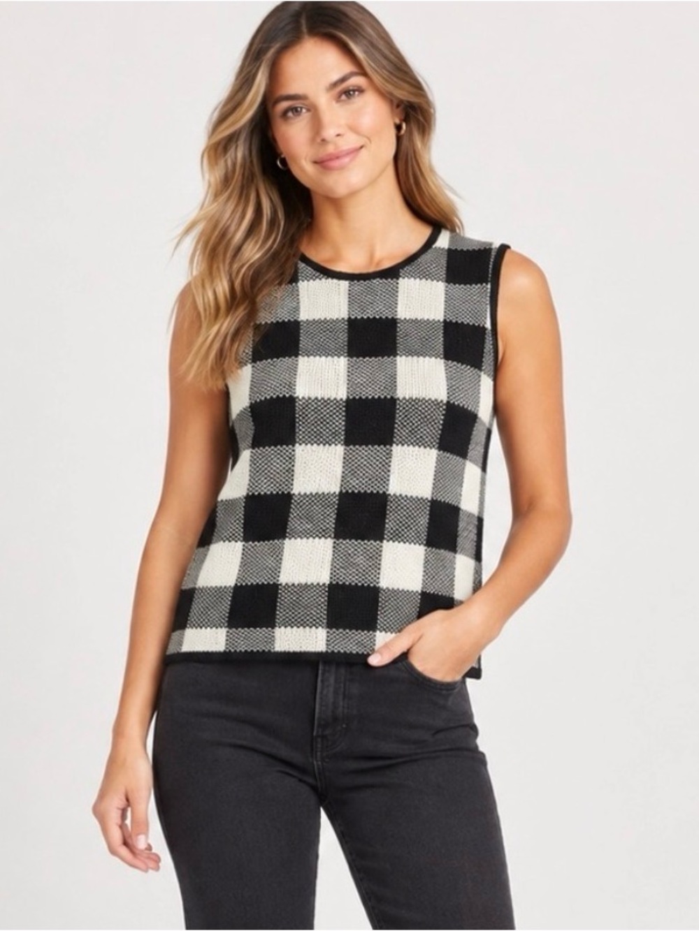 NWT Tuckernuck Pomander Place Black Buffalo Check Crop Sweater Vest size small